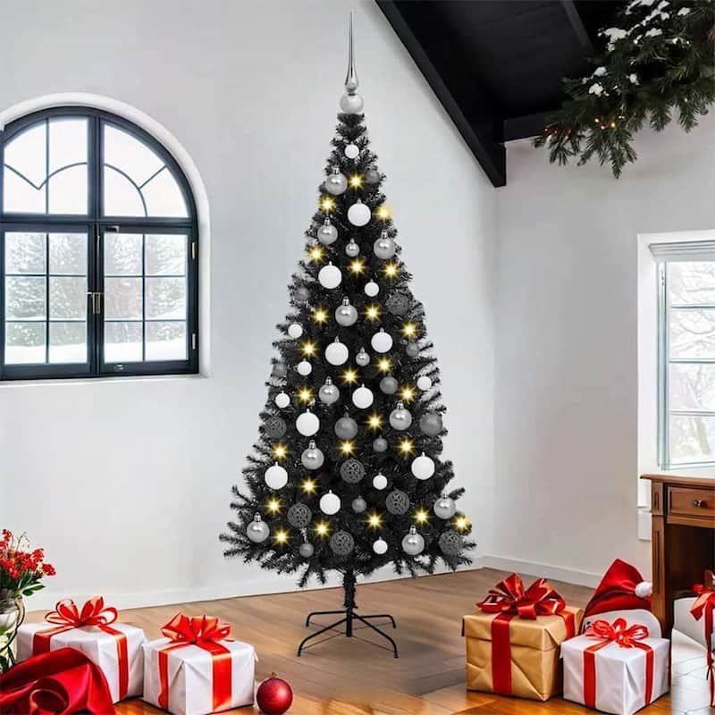 vidaXL Christmas Tree with 300 LEDs with Stand Black 70.9" PVC - 70.9 - Black-with LEDs and white/grey balls