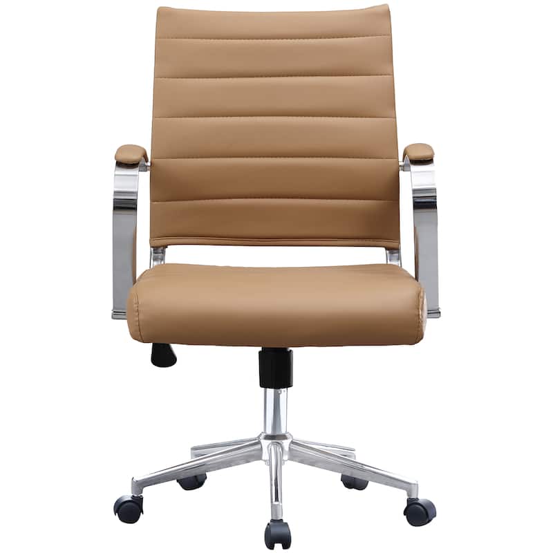 Black Office Chairs Mid Back Ribbed PU Leather Executive Task Work Conference With Arms Wheels Tilt Swivel Rolling