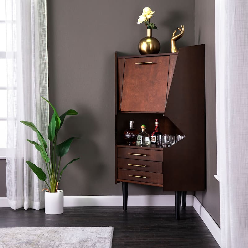 SEI Furniture Haramsoya Dark Tobacco Geometric Corner Bar Cabinet