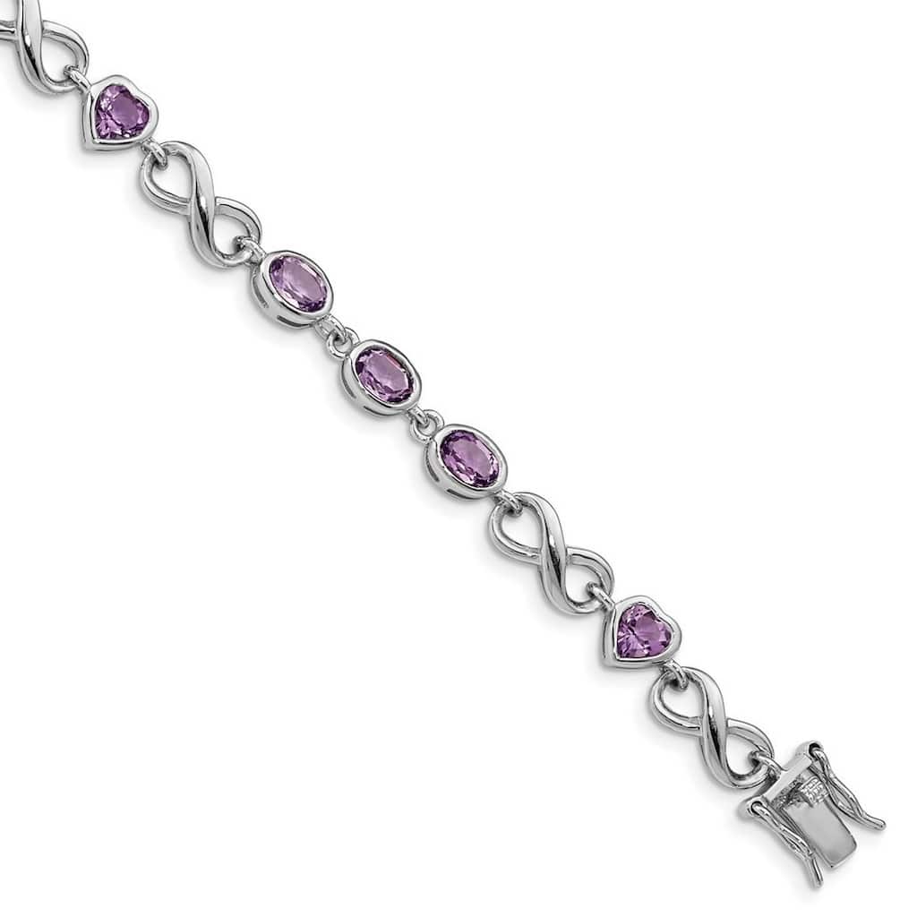 Curata 925 Sterling Silver Polished Box Catch Closure Oval Love Heart Amethyst Bracelet