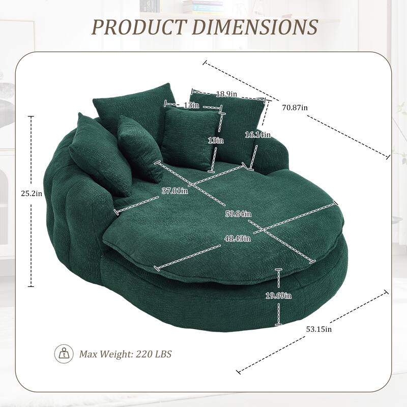 Oversized Oval Upholstered Bean Bag Sofa, Lazy Sofa with 3 Large Pillows and 2 Small Pillows, Wrap Around Backrest
