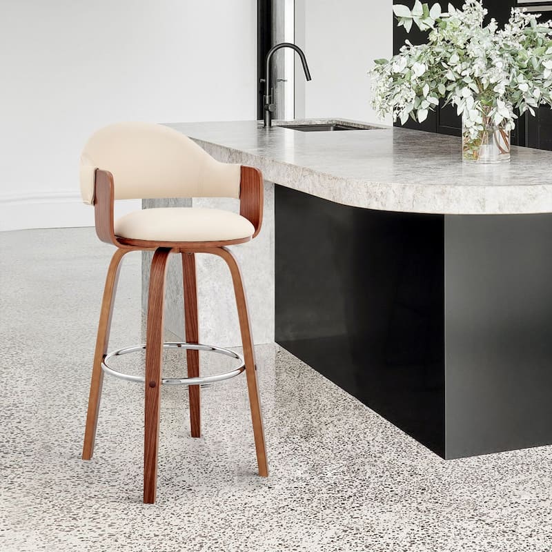 26" Rich Cream Faux Leather Walnut Wood Bar Stool - 20