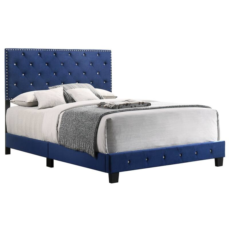 Velvet Tufted Faux Jewel Upholstered Full Panel Bed - 77" - Blue