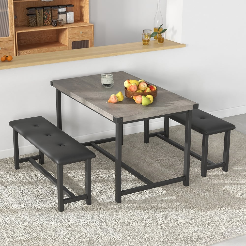 Rectangular Dining Table Set for 4 People with 2 Upholstered Benches