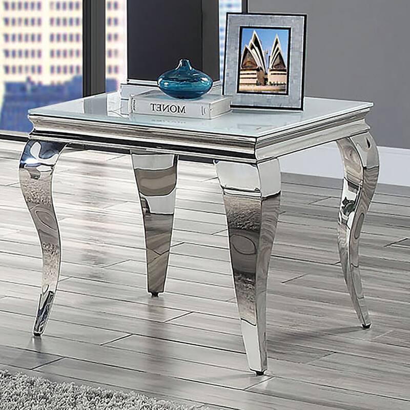 Glam Contemporary 1pc End Table Glass Top Silver Color Table Living Room Stainless Steel Cabriole-Style Legs - Glass - Silver,White