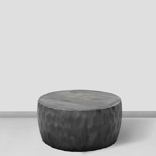 33 Inch Wooden Round Drum Coffee Table with Geometric Carved Pattern ...