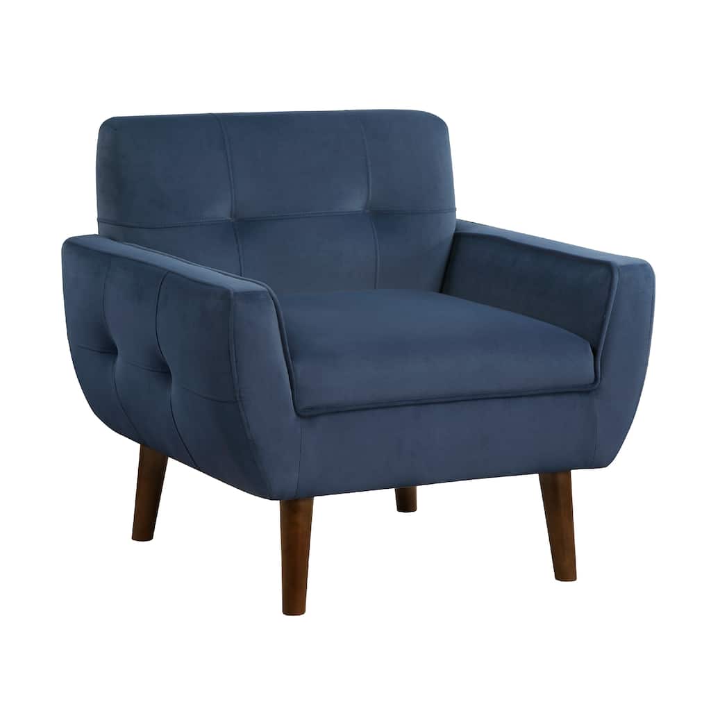 Roa Accent Armchair, Navy Blue Velvet, Tufted Back w Tapered Legs