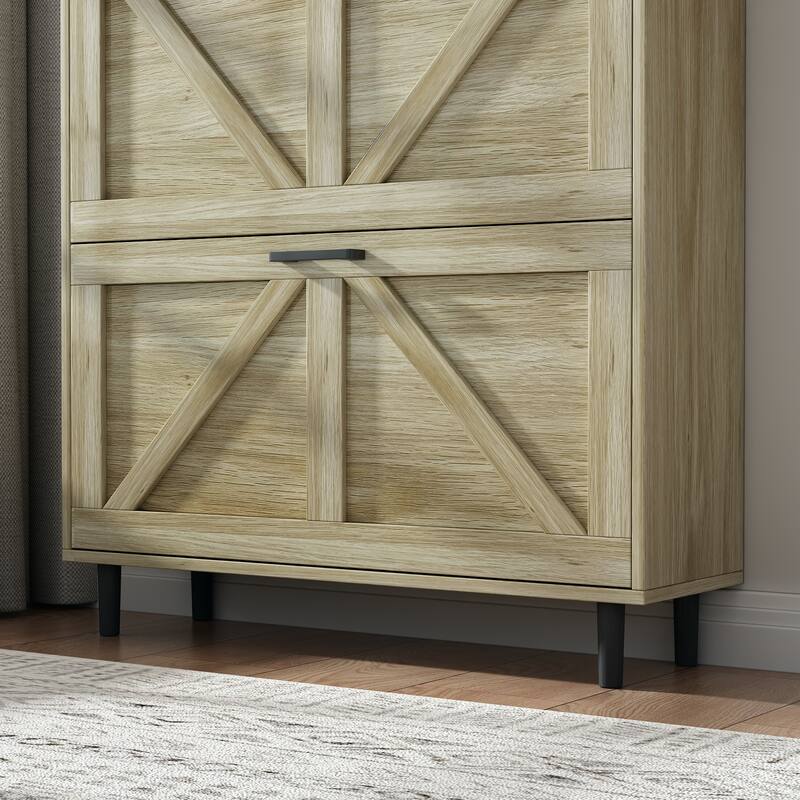 Farmhouse Shoe Storage Cabinet with Barn Door Design, Shoe Organizer with 2 Flip Drawers