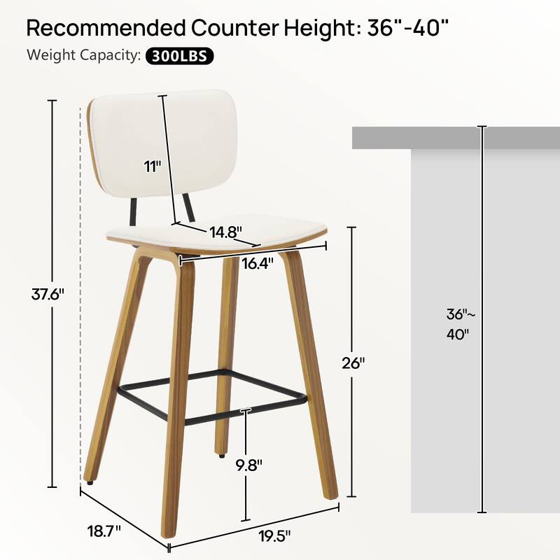 26" Wood Counter Height Bar Stools Set of 2 - 37.6"H x 19.5"W x 18.7"D