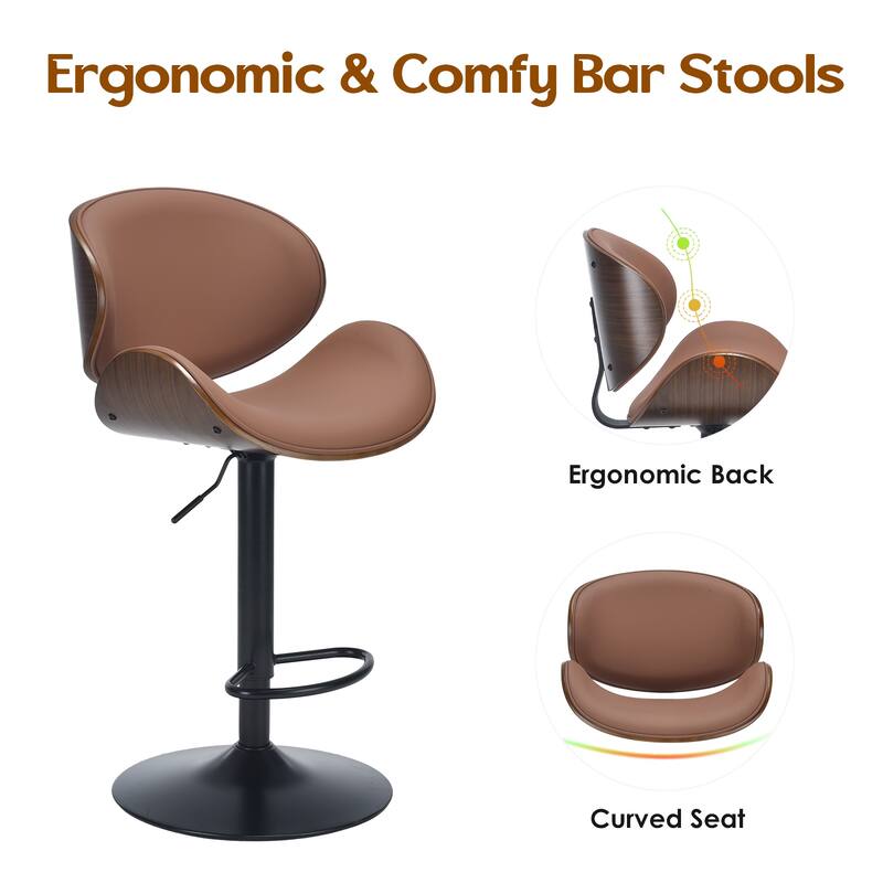Swivel Bar Stools Set of 2, Adjustable Height Bentwood Barstools with PU Leather Upholstered Seat, Backrest and Footrest