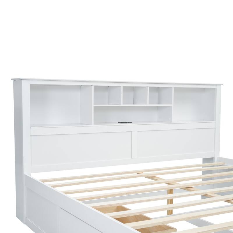King Wood Platform Bed with Headboard Storage, USB Charging Station, and 2 Drawers - No Box Spring Required