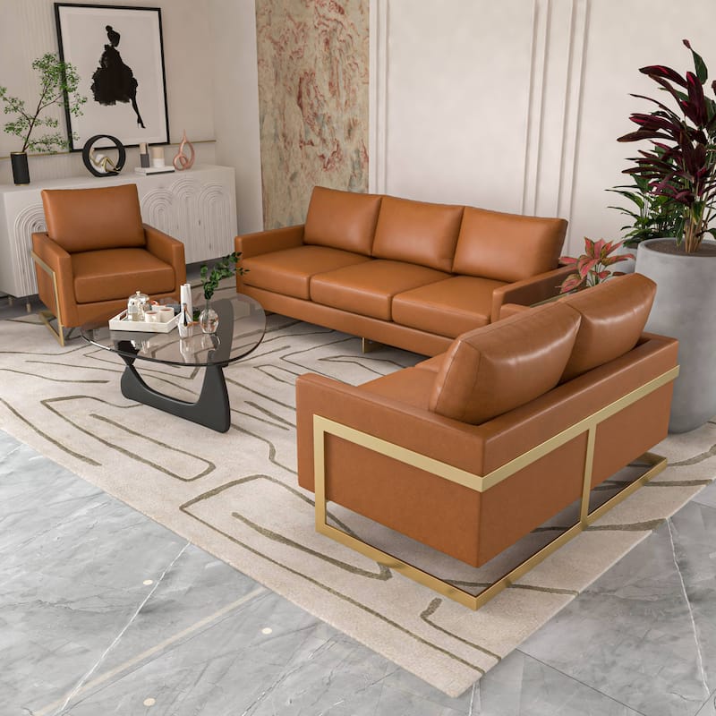 3-Piece Leather Sofa Set with Gold Stainless Steel Base and Removable Cushions