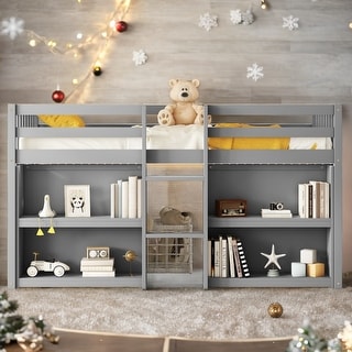 Twin Low Loft Bed with Shelves and LED Light, White