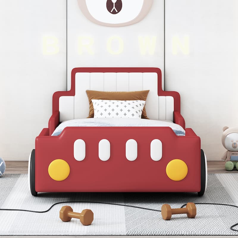 Red Twin Size Race Car-Shaped Platform Bed with Wheels