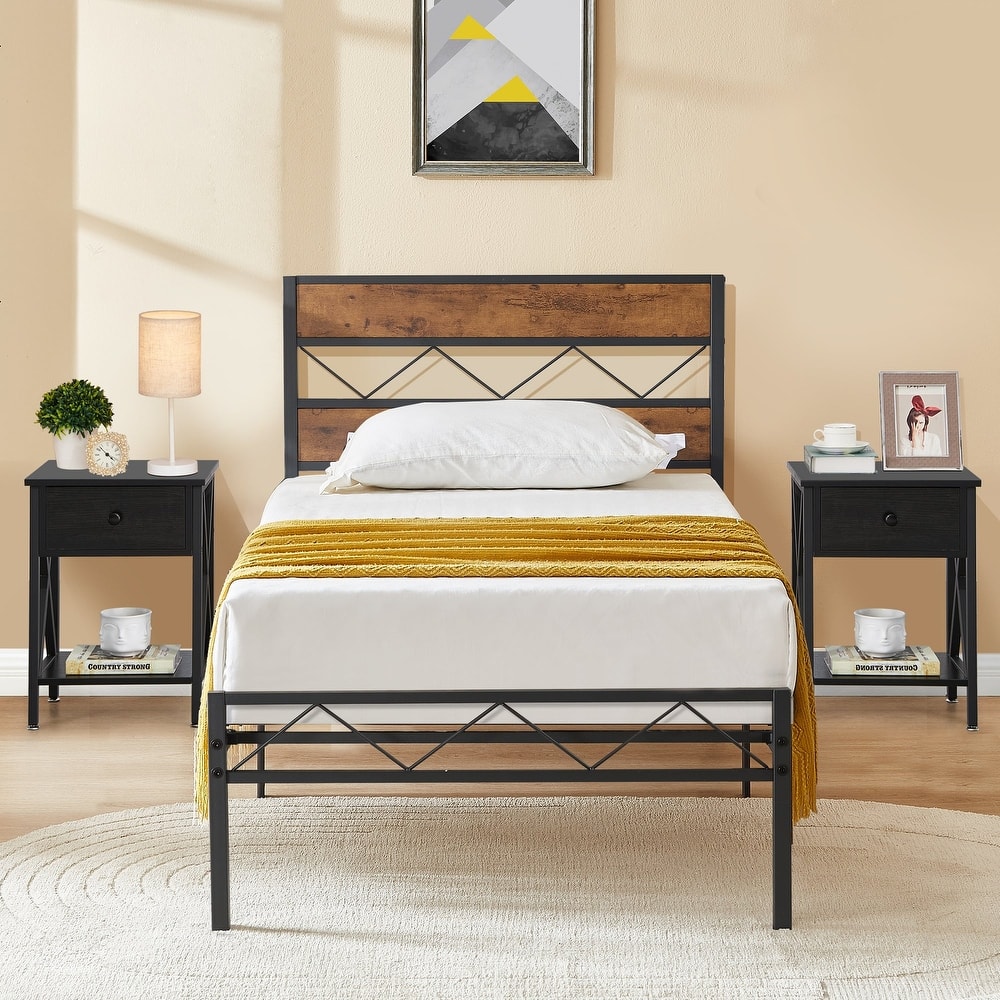 VECELO 3 Piece Bedroom Set Platform Bed Frame and Nightstands Set of 2