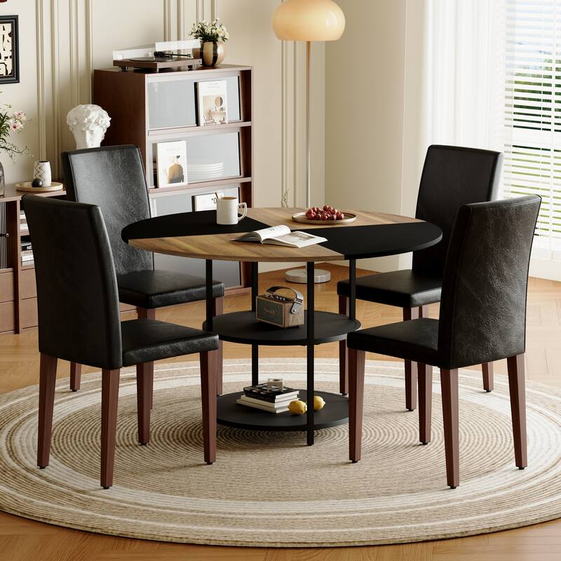 Roomfitters 5/7pcs Round Color Spliced Dining Table Set with Double Storage and PU Dining Chairs, Black+Walnut