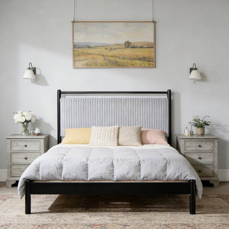 Roomfitters Wood Platform Bed Frame with Plush Upholstered Headboard and Underbed Storage, Grey and Black - Queen