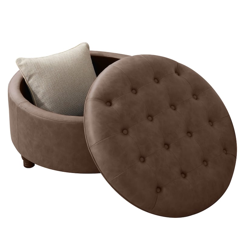 Tufted Round Storage Ottoman, Faux Leather