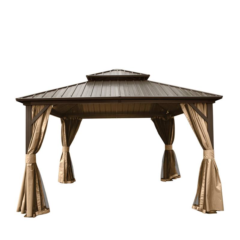 GDFStudio - Madison Outdoor Grove Hardtop Gazebo with Double Roof, Curtains & Netting - 12' X 12' - Brown