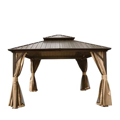 GDFStudio - Madison Outdoor Grove Hardtop Gazebo with Double Roof, Curtains & Netting
