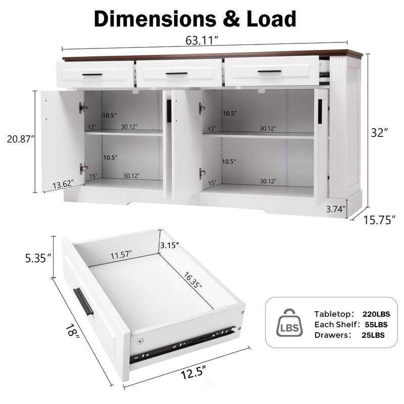 63 Inch Fluted Sideboard Buffet Cabinet with Storage, 4 Doors 3 Drawers Coffee Bar Console for Dining Room