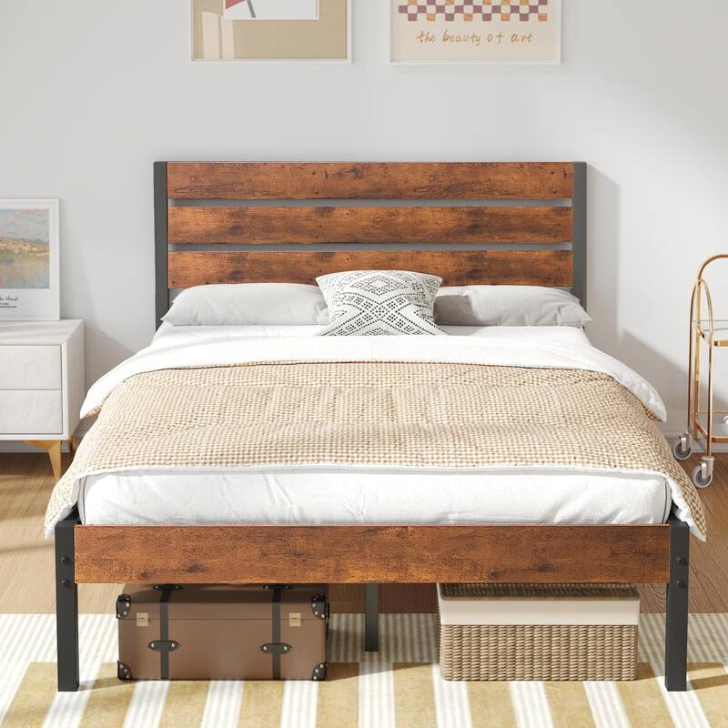 3-Pieces Bed Frame with Wood Headboard and Modern Nightstands Set of 2