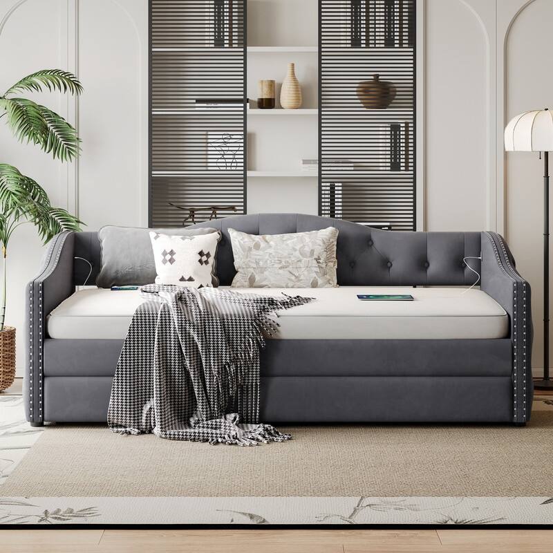 Twin Size Upholstered Daybed with Trundle and USB Charging