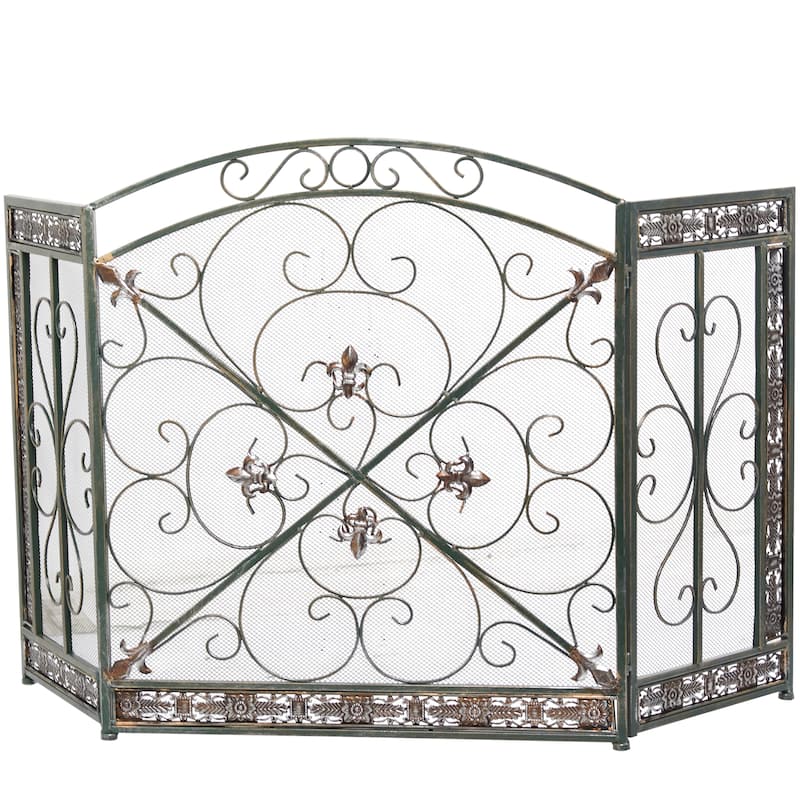 Metal Scroll 3 Panel Fireplace Screen with Fleur De Lis Accents - Black - Roche River Decor - 1"W x 52"L x 31"H