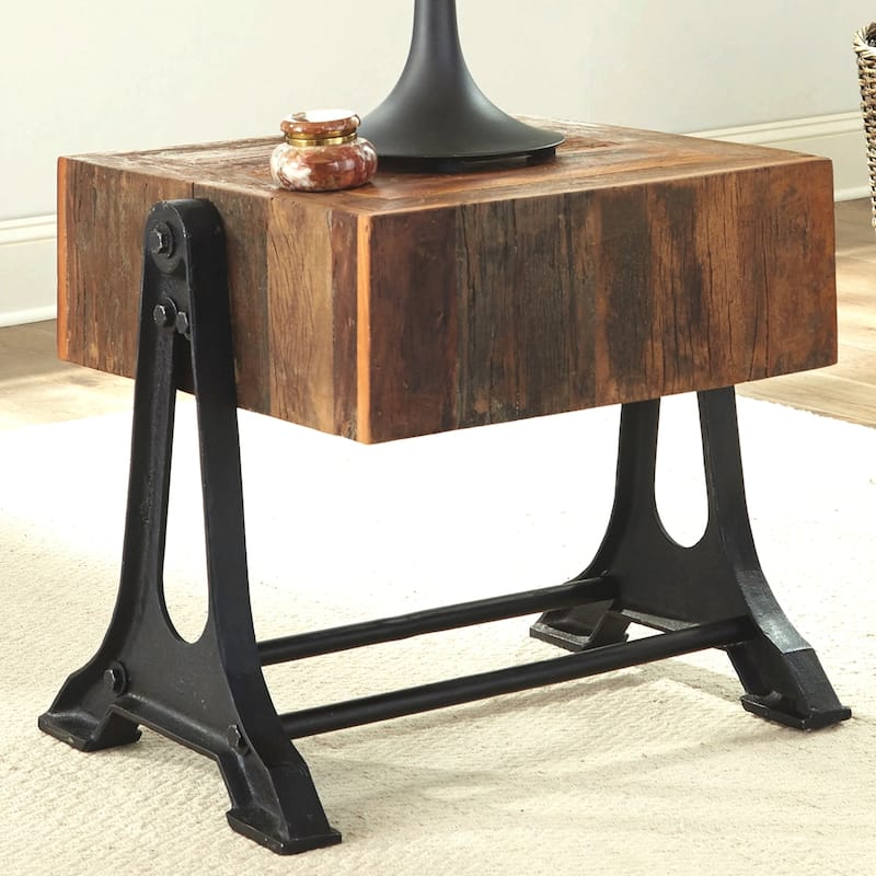 Industrial Design Recycled Wood and Cast Iron Base Living Room End Table