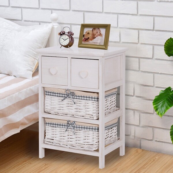 Modern Nightstand Bedside End Table Organizer With 2 Wicker Baskets Bedroom