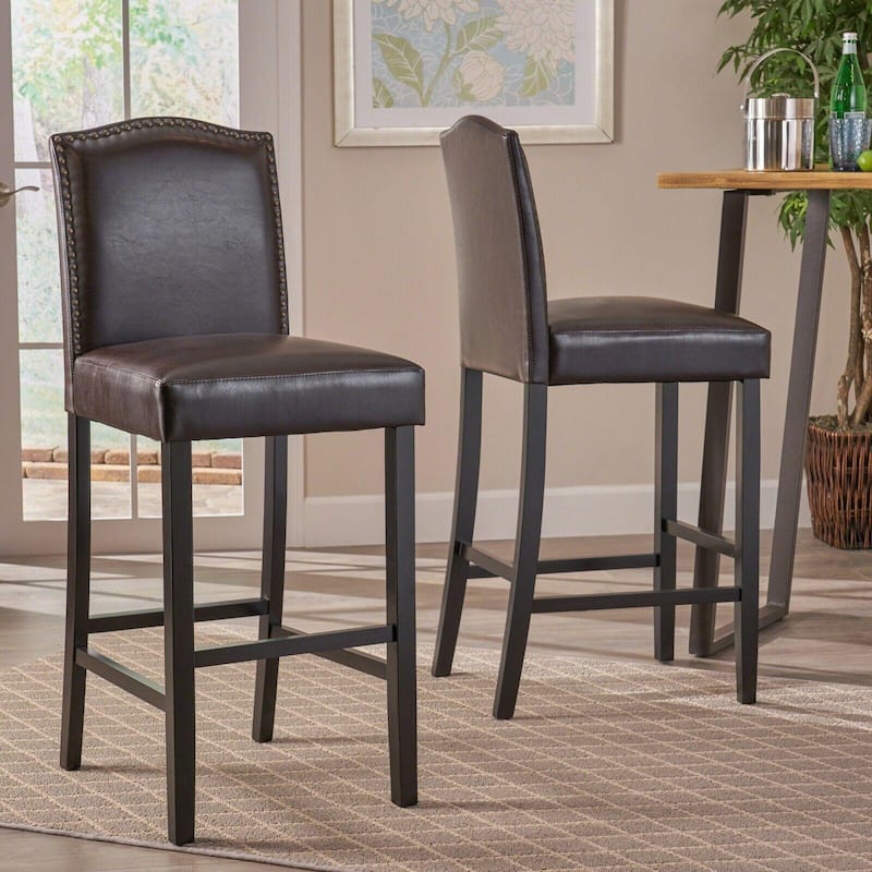 Roomfitters Upholstered Counter Height Barstool Set of 2, PU Faux Leather Seat with Rubberwood Legs - Dark Brown