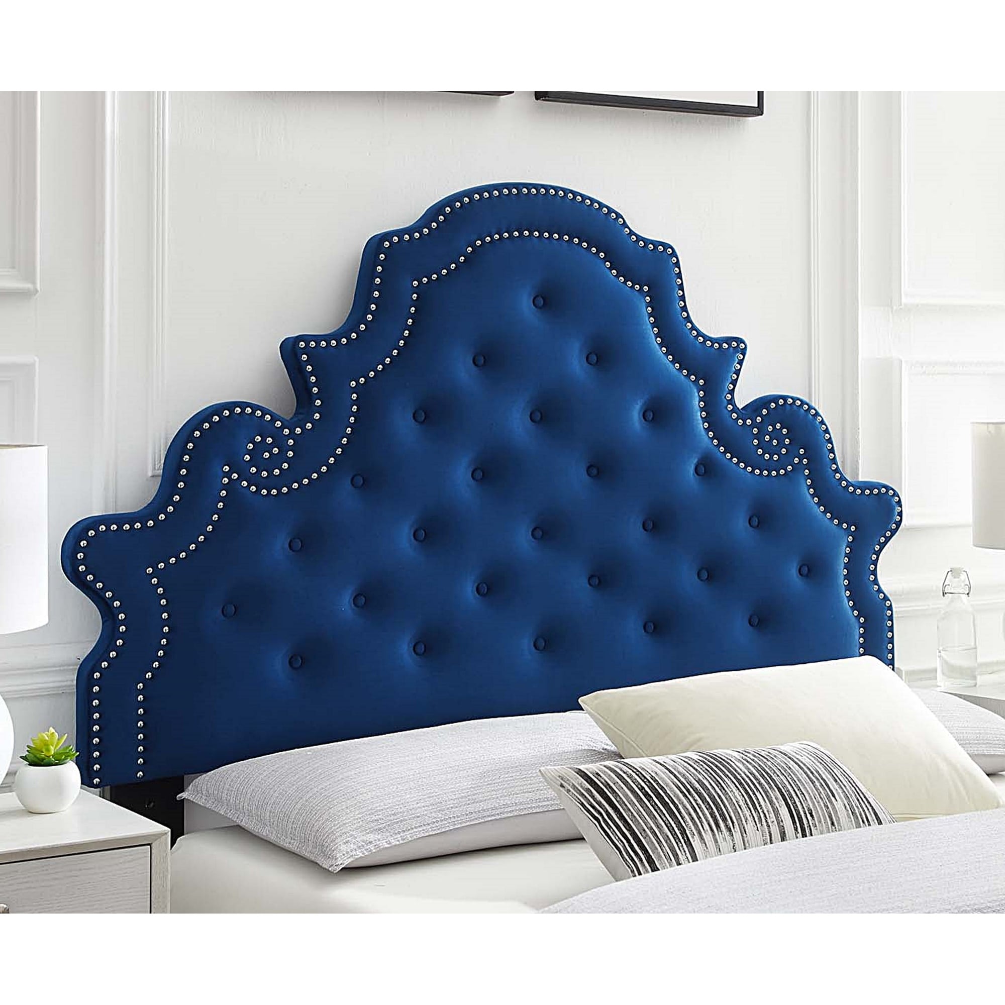 Ambridge Button Tufted Blue Velvet Upholstered Twin Size Headboard with Nailhead Trim