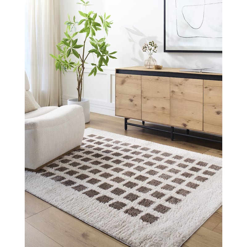 Livabliss Fossay Shag Modern & Contemporary Checkered Washable Area Rug - Light Beige/ Dark Brown - 7' 10" x 10'