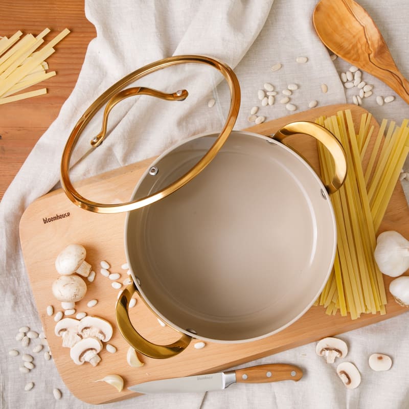 Bloomhouse 6 Quart Heavy Duty Aluminum Premium PFA Free Ceramic Nonstick Dutch Oven Pot with Lid - Almond Cream with Gold Handle