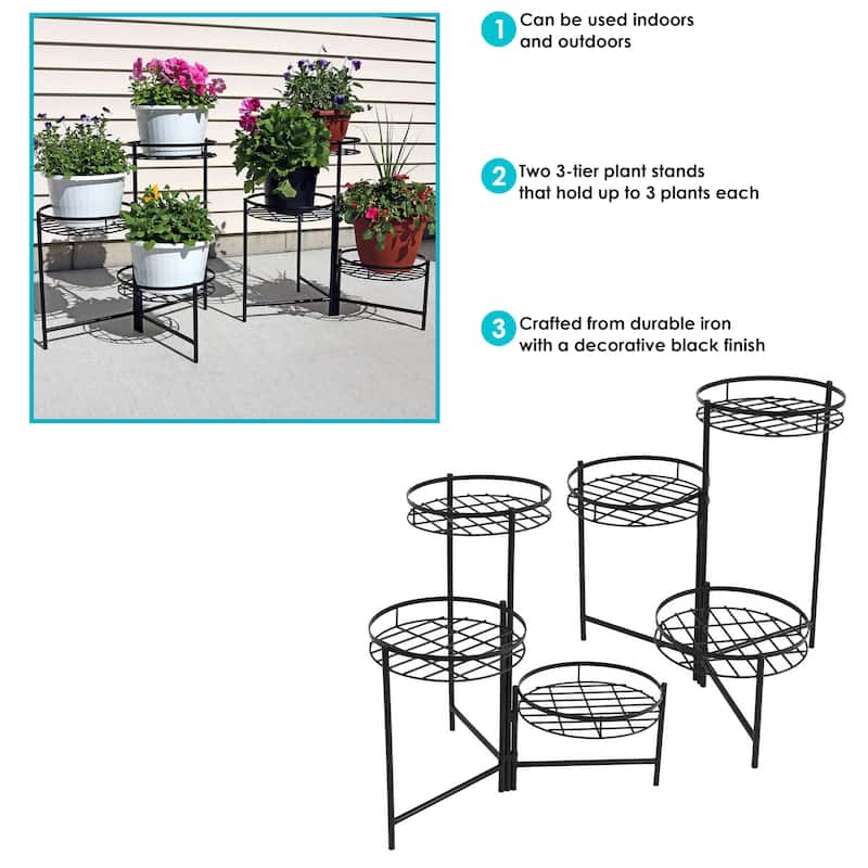 Black Three Tiered Indoor Outdoor Flower Plant Stand 22" - Set of Two