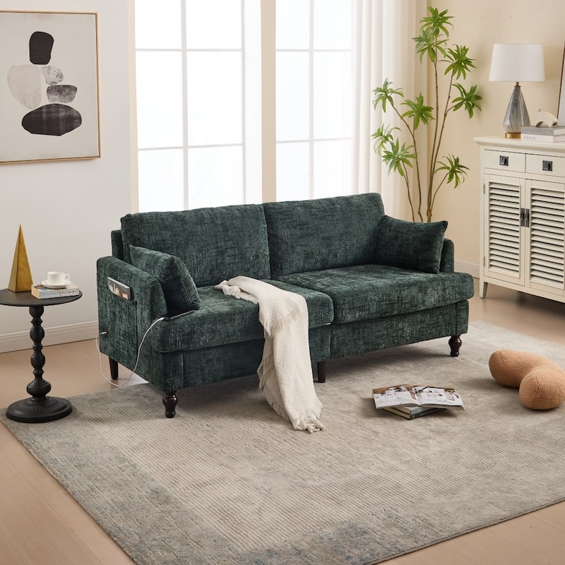Modern Chenille 2-Seater Wood-Legged Sofa with LED light, USB Charging Port and Storage Bag - Emerald