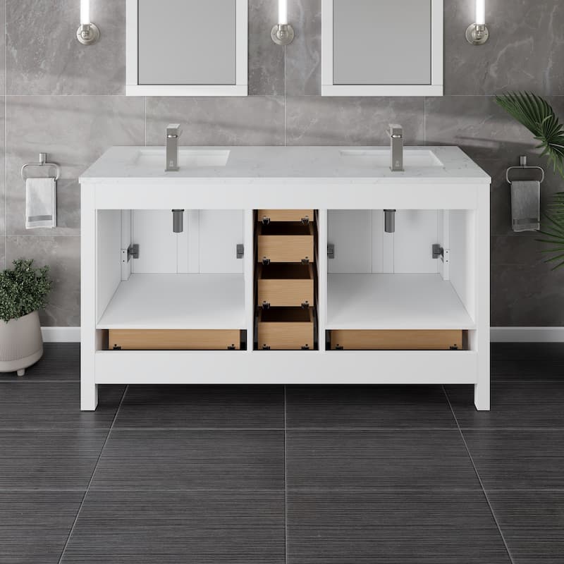 London 60"W WH DS Bath Vanity with Carrara Quartz Top and Undermount Sinks