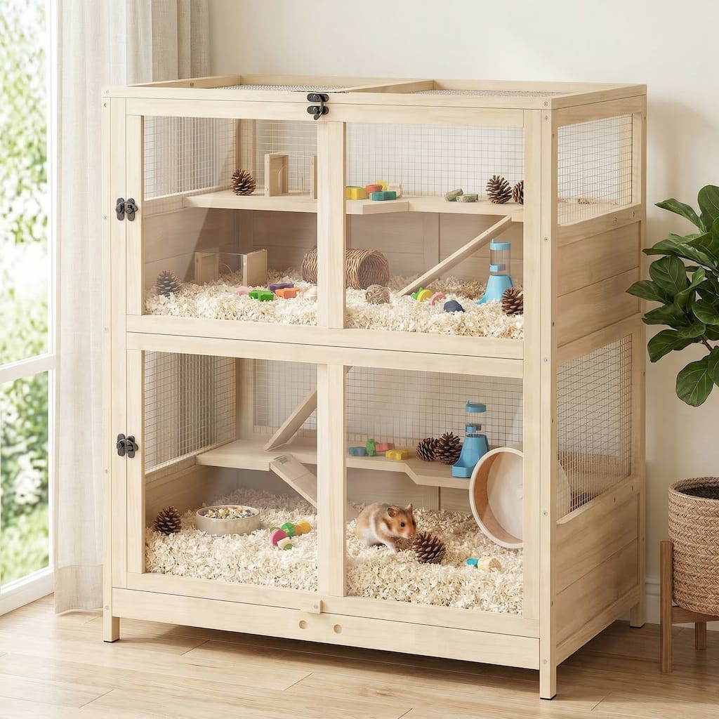 PawHut 4-Tier Wooden Hamster Cage with Mesh Roof & Pull-Out Tray - medium