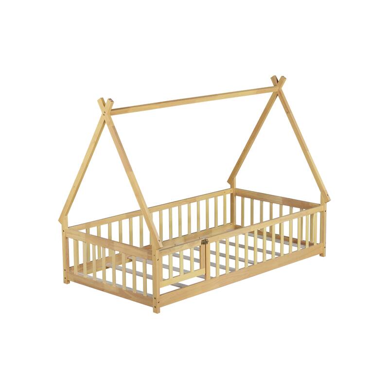 Twin Tent-Shaped Floor Bed with Guardrails, Slats, and Door in Natural Finish