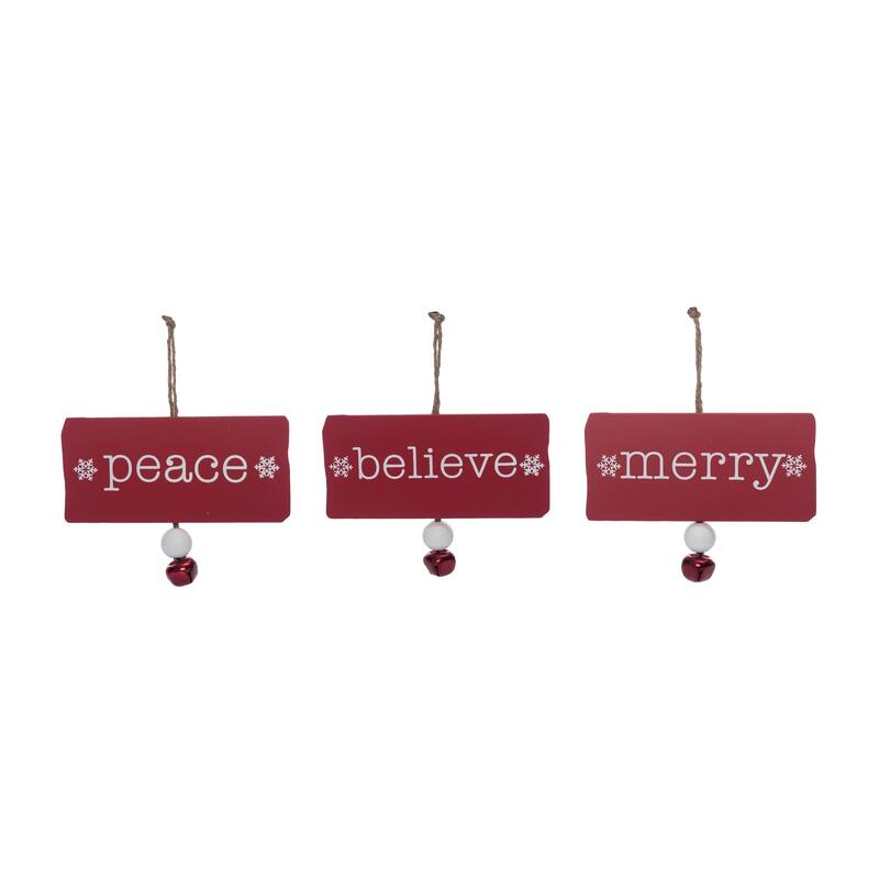 Transpac Christmas Holiday Red Wood Block Sentiment with Bells Tree Ornament Set of 3, 6.75 Dia. inches