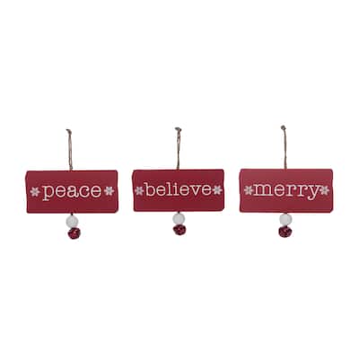 Transpac Christmas Holiday Red Wood Block Sentiment with Bells Tree Ornament Set of 3, 6.75 Dia. inches