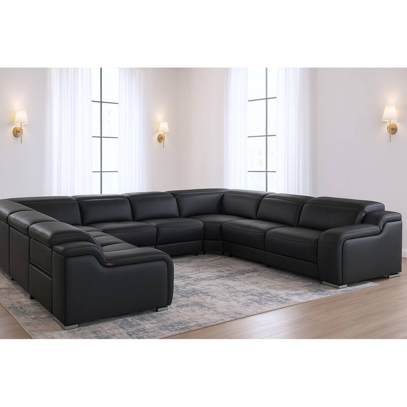 HomeRoots Black Italian Leather Power Reclining U Shaped Eight Piece Corner Sectional With Console - Black