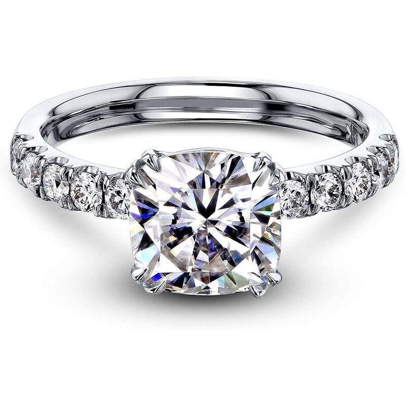 Kobelli 2.4 Carat Moissanite & Diamond 14k Solid Gold Cushion Comfort Fit French Pave Lyon Ring - 5 - White