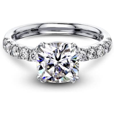 Kobelli 2.4 Carat Moissanite & Diamond 14k Solid Gold Cushion Comfort Fit French Pave Lyon Ring