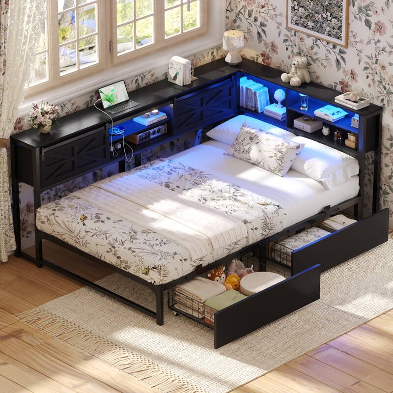 Corner Daybed with Drawers and Bookcase, Twin Bed Frame with LED Light and Charging Station