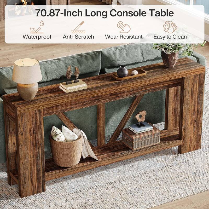 70.9” Brown MDF Entryway Table, 2-Tier Console Table for Living Room