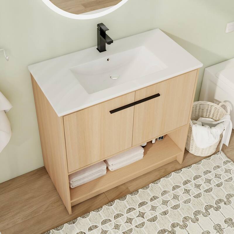 30"/36" FreeStanding Bathroom Vanity with Sink, Floor Stand Bathroom Vanity with Soft Close Door - Brown - 35.9"×18.3"×35.4"
