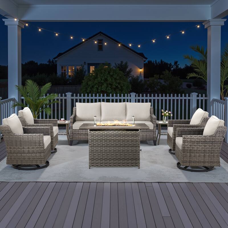 Pocassy 8 Pieces Fire Pit Table w/ Sofa Swivel Chair - Beige Cushion Gray Wicker - 8-Piece Fire Pit Table w/ Sofa Swivel Chair