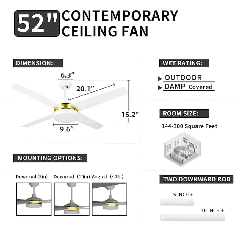 52 Inch White Gold Ceiling Fans with Light and Remote