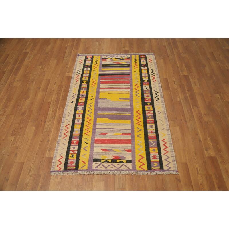 Hand Woven Oriental 100% Wool Carpet Southwestern Tribal Yellow & Gold Kilim Area Rug - 5' 0'' X 3' 3''